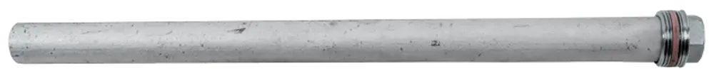 Magnesiumschutzanode von WOLF in zylindrischer Form, metallisch und glatt, mit einem Gewinde an einem Ende zur Befestigung.
